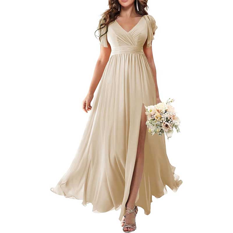Elegant Custom V-Neck Bridesmaid Dress Long Chiffon, Side Split, Short Sleeves