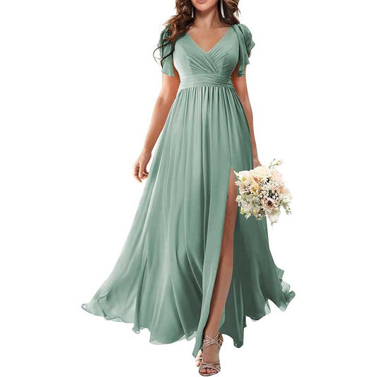Elegant Custom V-Neck Bridesmaid Dress Long Chiffon, Side Split, Short Sleeves