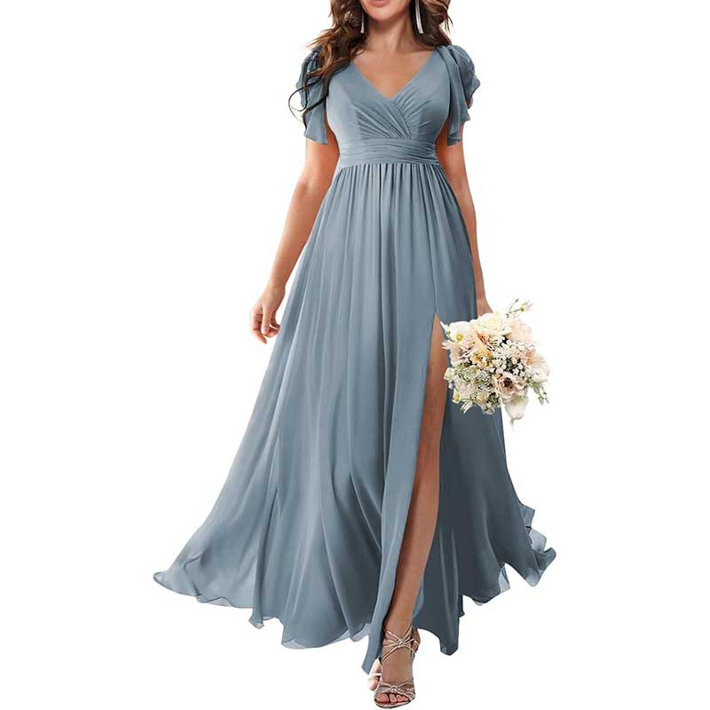 Elegant Custom V-Neck Bridesmaid Dress Long Chiffon, Side Split, Short Sleeves