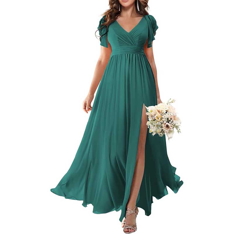 Elegant Custom V-Neck Bridesmaid Dress Long Chiffon, Side Split, Short Sleeves