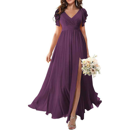 Elegant Custom V-Neck Bridesmaid Dress Long Chiffon, Side Split, Short Sleeves