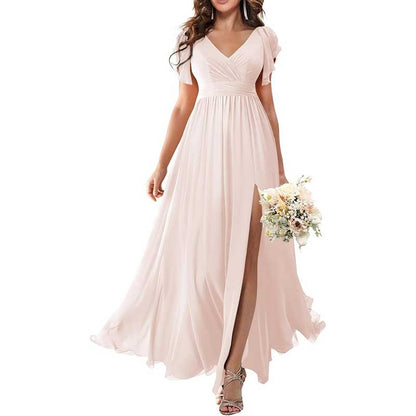 Elegant Custom V-Neck Bridesmaid Dress Long Chiffon, Side Split, Short Sleeves