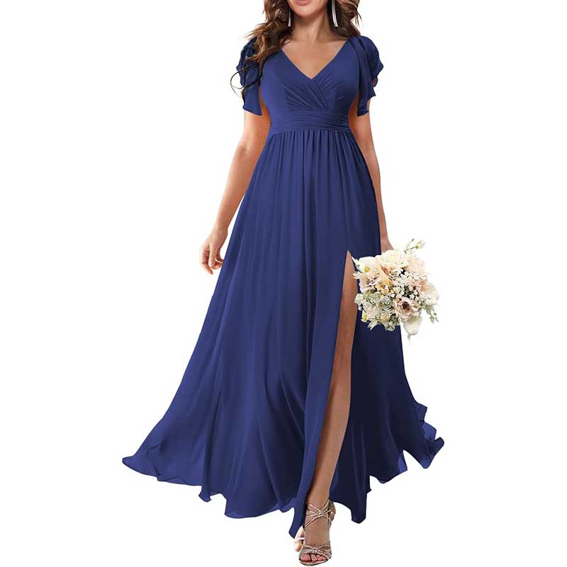 Elegant Custom V-Neck Bridesmaid Dress Long Chiffon, Side Split, Short Sleeves