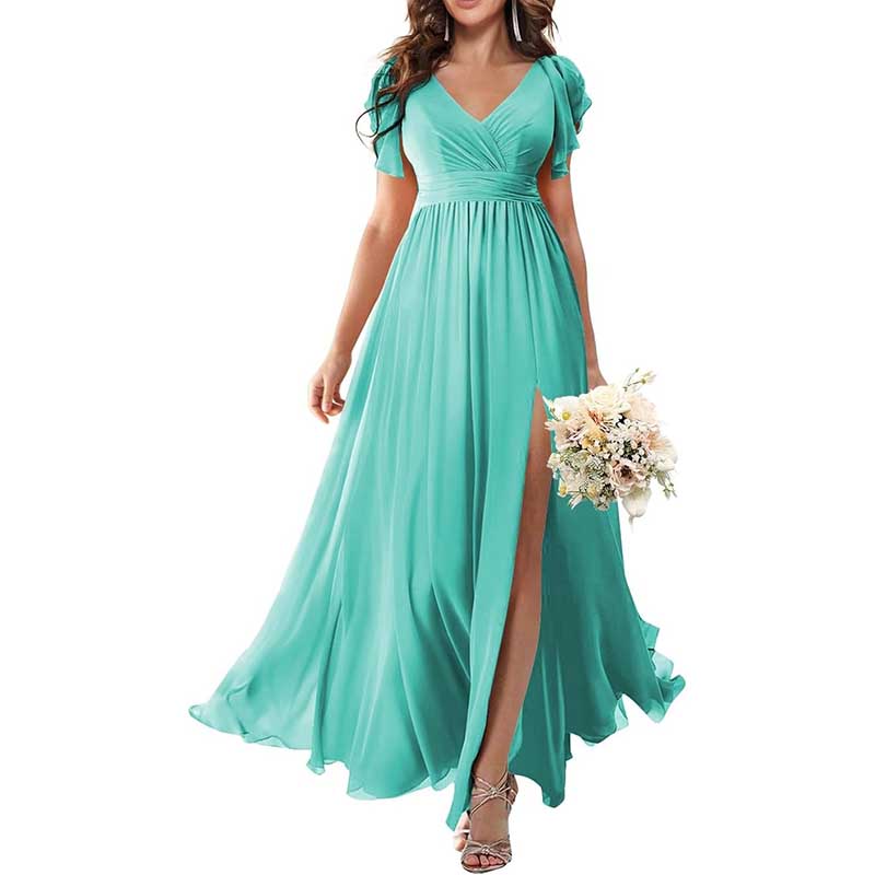 Elegant Custom V-Neck Bridesmaid Dress Long Chiffon, Side Split, Short Sleeves