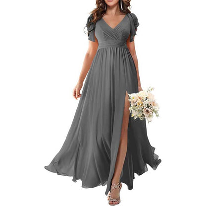 Elegant Custom V-Neck Bridesmaid Dress Long Chiffon, Side Split, Short Sleeves