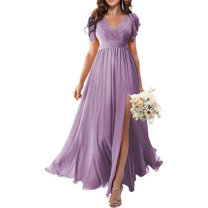 Elegant Custom V-Neck Bridesmaid Dress Long Chiffon, Side Split, Short Sleeves