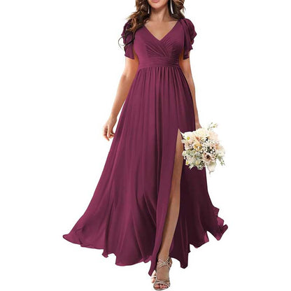 Elegant Custom V-Neck Bridesmaid Dress Long Chiffon, Side Split, Short Sleeves