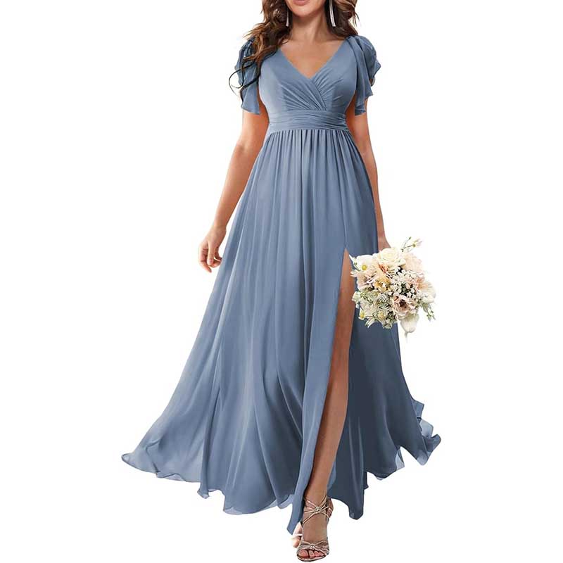 Elegant Custom V-Neck Bridesmaid Dress Long Chiffon, Side Split, Short Sleeves