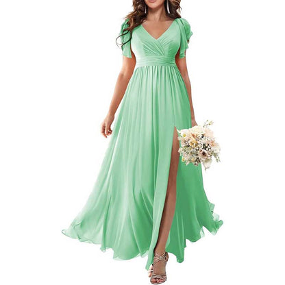 Elegant Custom V-Neck Bridesmaid Dress Long Chiffon, Side Split, Short Sleeves