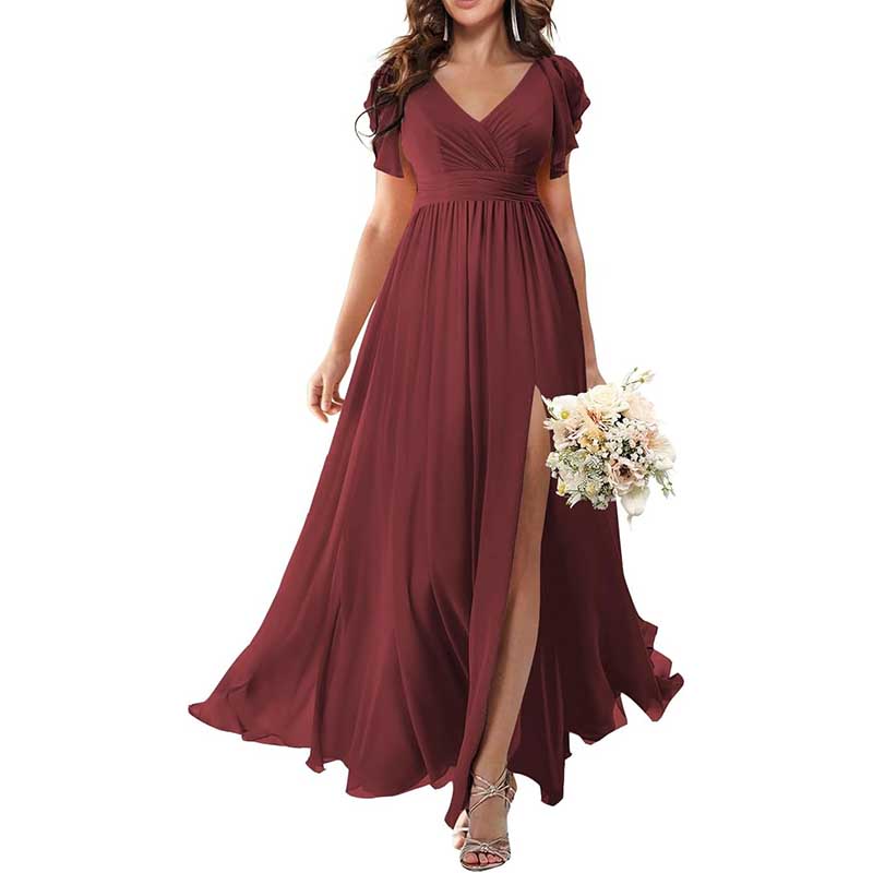 Elegant Custom V-Neck Bridesmaid Dress Long Chiffon, Side Split, Short Sleeves