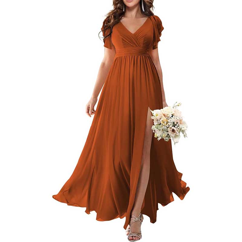 Elegant Custom V-Neck Bridesmaid Dress Long Chiffon, Side Split, Short Sleeves
