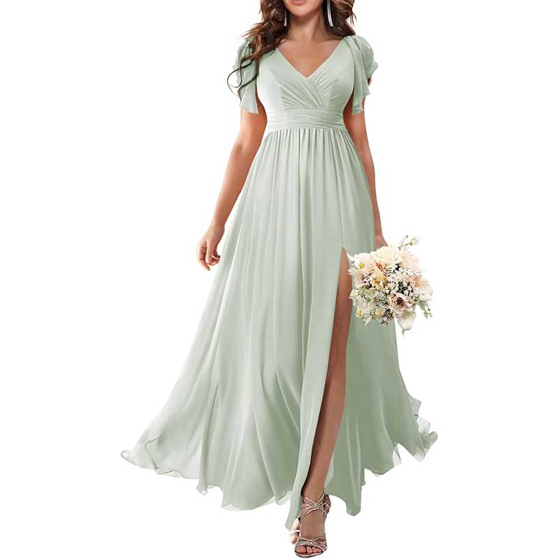 Elegant Custom V-Neck Bridesmaid Dress Long Chiffon, Side Split, Short Sleeves