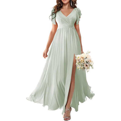 Elegant Custom V-Neck Bridesmaid Dress Long Chiffon, Side Split, Short Sleeves
