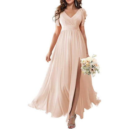 Elegant Custom V-Neck Bridesmaid Dress Long Chiffon, Side Split, Short Sleeves