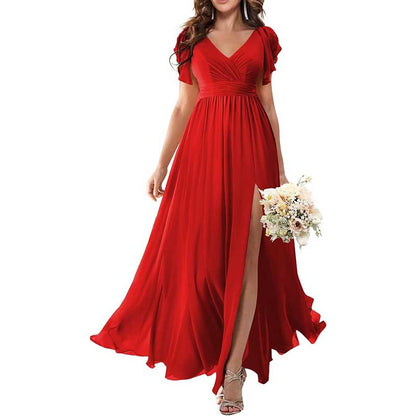 Elegant Custom V-Neck Bridesmaid Dress Long Chiffon, Side Split, Short Sleeves