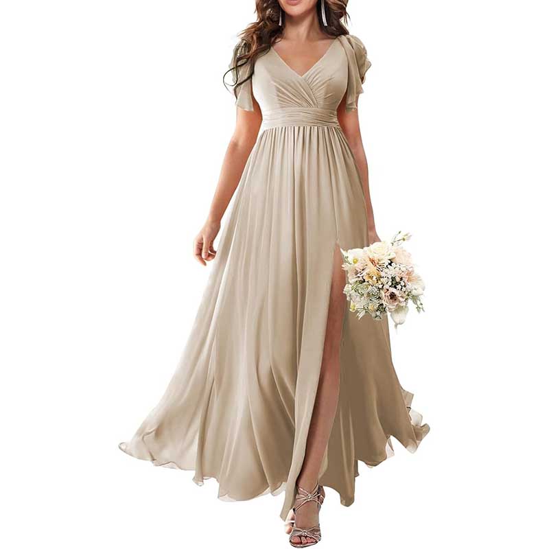 Elegant Custom V-Neck Bridesmaid Dress Long Chiffon, Side Split, Short Sleeves