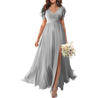 Elegant Custom V-Neck Bridesmaid Dress Long Chiffon, Side Split, Short Sleeves
