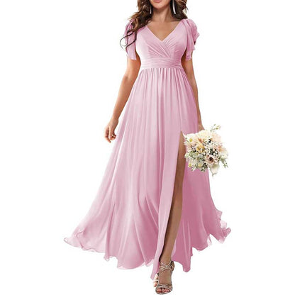 Elegant Custom V-Neck Bridesmaid Dress Long Chiffon, Side Split, Short Sleeves