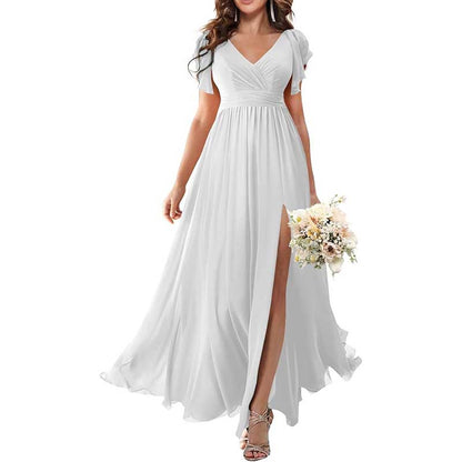 Elegant Custom V-Neck Bridesmaid Dress Long Chiffon, Side Split, Short Sleeves