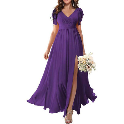 Elegant Custom V-Neck Bridesmaid Dress Long Chiffon, Side Split, Short Sleeves