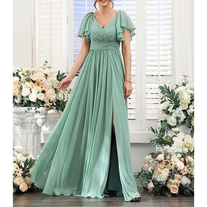 Elegant Custom V-Neck Bridesmaid Dress Long Chiffon, Side Split, Short Sleeves