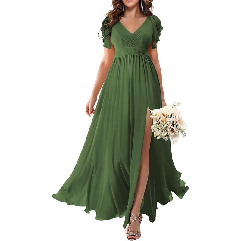 Elegant Custom V-Neck Bridesmaid Dress Long Chiffon, Side Split, Short Sleeves