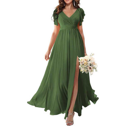Elegant Custom V-Neck Bridesmaid Dress Long Chiffon, Side Split, Short Sleeves