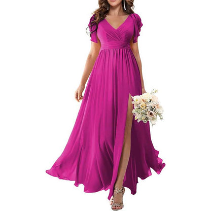 Elegant Custom V-Neck Bridesmaid Dress Long Chiffon, Side Split, Short Sleeves