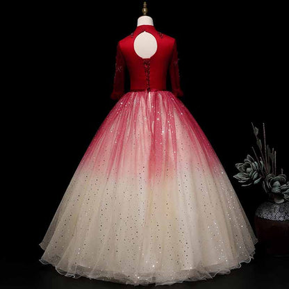 Red Gradient Wedding Ball Dress Long-sleeve Gown Dress