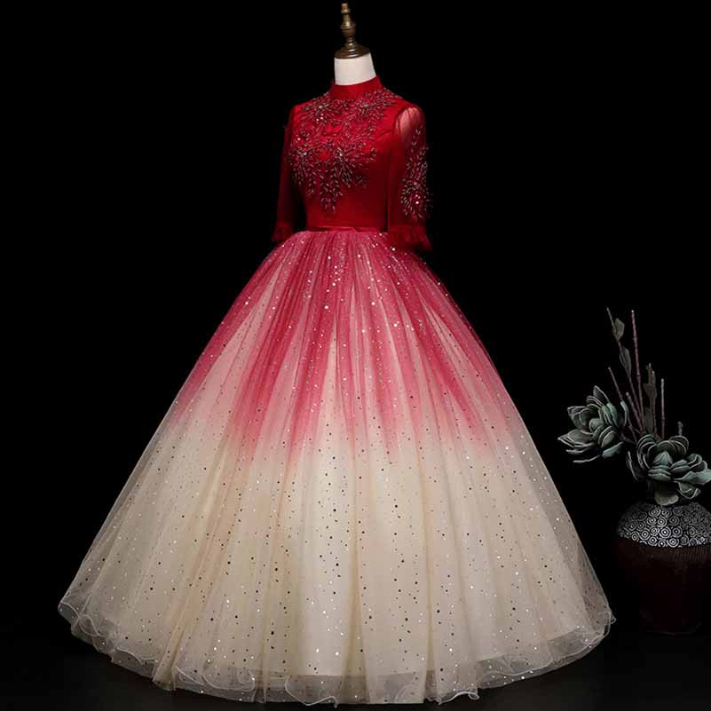 Red Gradient Wedding Ball Dress Long-sleeve Gown Dress