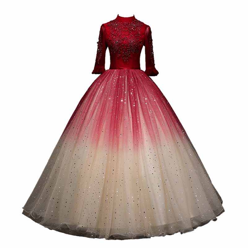 Red Gradient Wedding Ball Dress Long-sleeve Gown Dress