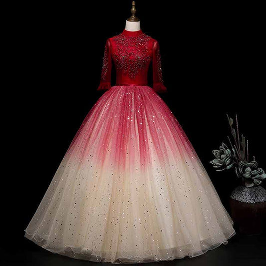 Red Gradient Wedding Ball Dress Long-sleeve Gown Dress