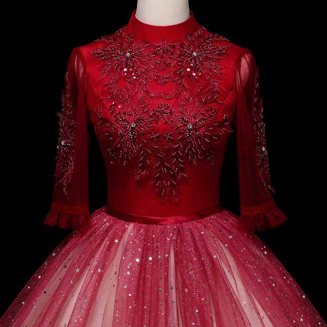 Red Gradient Wedding Ball Dress Long-sleeve Gown Dress