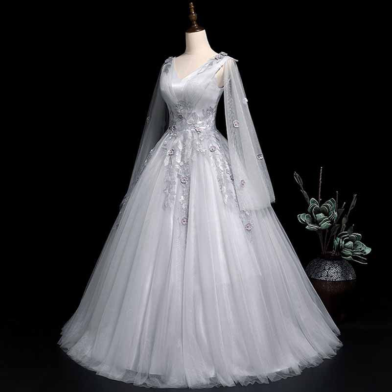 Silver Prom Dress Long Sleeve Appliques Lace Formal Dress