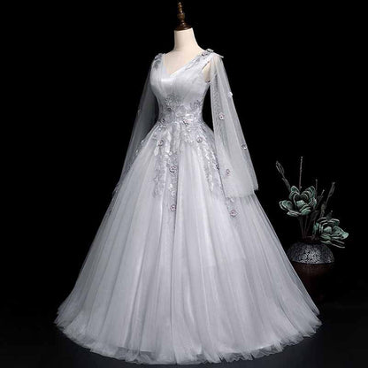 Silver Prom Dress Long Sleeve Appliques Lace Formal Dress