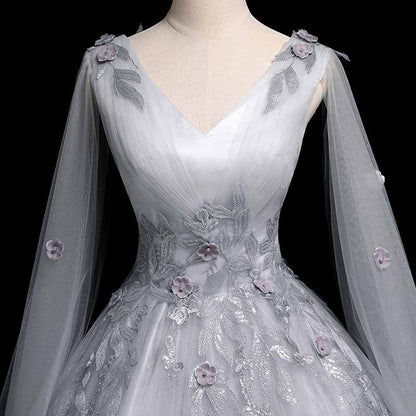 Silver Prom Dress Long Sleeve Appliques Lace Formal Dress