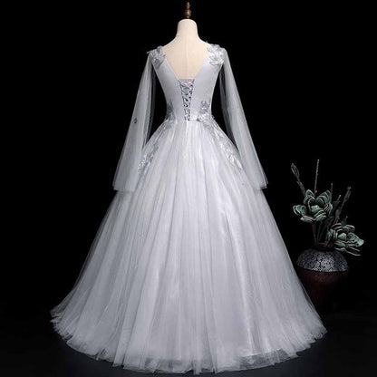 Silver Prom Dress Long Sleeve Appliques Lace Formal Dress