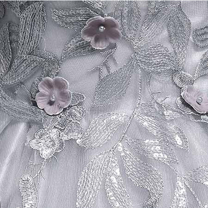 Silver Prom Dress Long Sleeve Appliques Lace Formal Dress