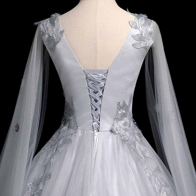 Silver Prom Dress Long Sleeve Appliques Lace Formal Dress
