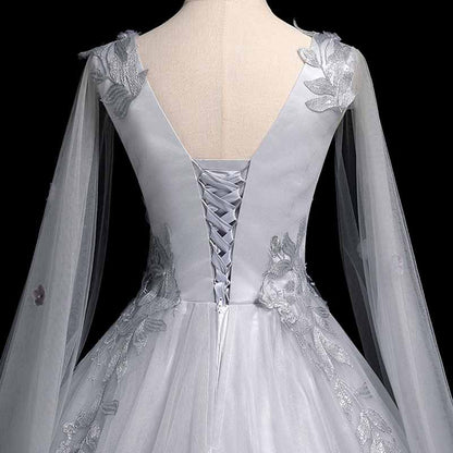 Silver Prom Dress Long Sleeve Appliques Lace Formal Dress