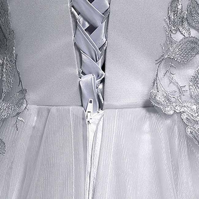 Silver Prom Dress Long Sleeve Appliques Lace Formal Dress