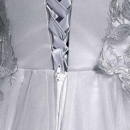 Silver Prom Dress Long Sleeve Appliques Lace Formal Dress