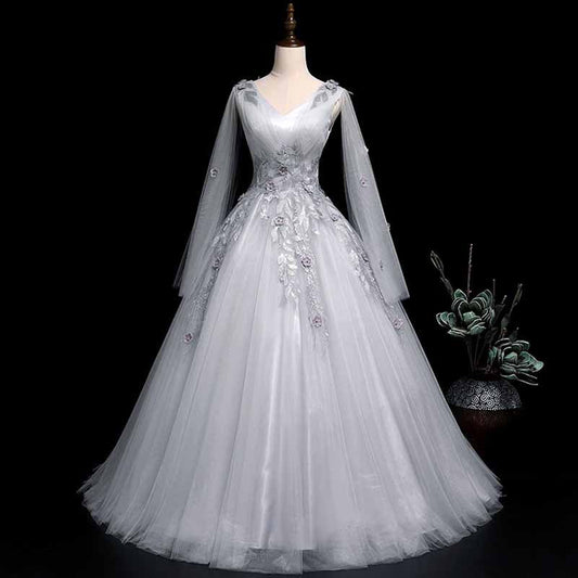 Silver Prom Dress Long Sleeve Appliques Lace Formal Dress