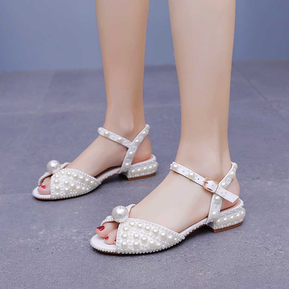 Flat Wedding Shoes Peep Toe Pearl Sandals