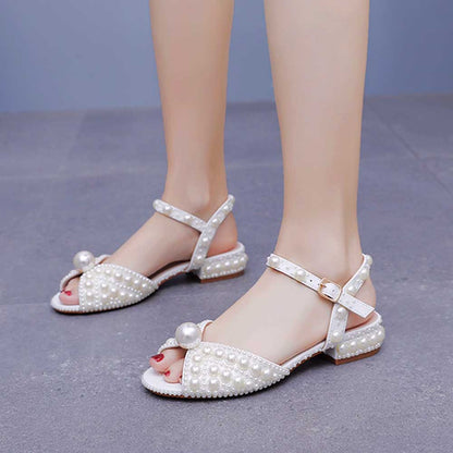 Flat Wedding Shoes Peep Toe Pearl Sandals