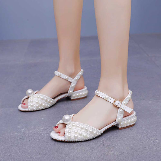 Flat Wedding Shoes Peep Toe Pearl Sandals