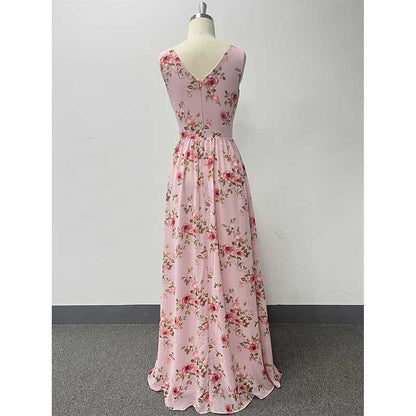 Floral Long Prom Dress High Split Pink Maxi Dress Chiffon A Line Dress