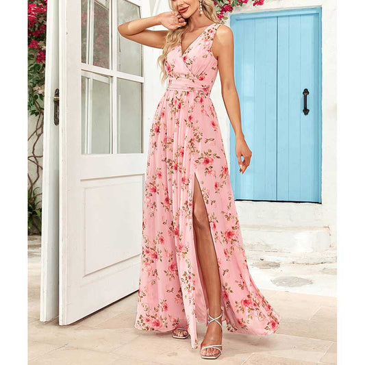 Floral Long Prom Dress High Split Pink Maxi Dress Chiffon A Line Dress
