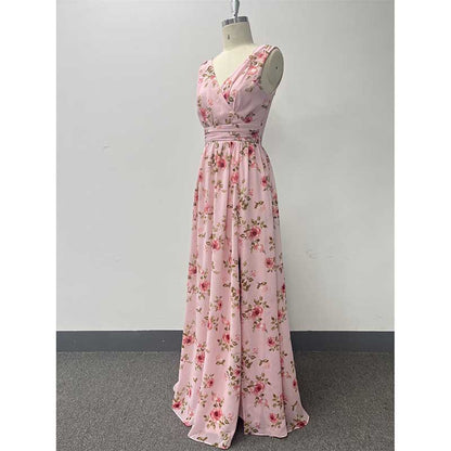 Floral Long Prom Dress High Split Pink Maxi Dress Chiffon A Line Dress