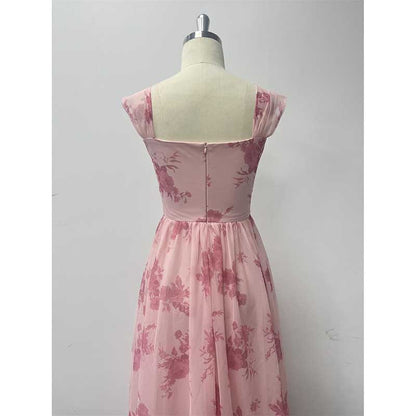 Floral Long Prom Dress Square Neck Pink Maxi Dress Chiffon A Line Dress